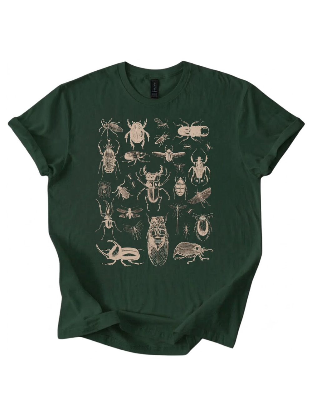 Gildan Beige Insect & Reptile Illustration Tee — Dark Green